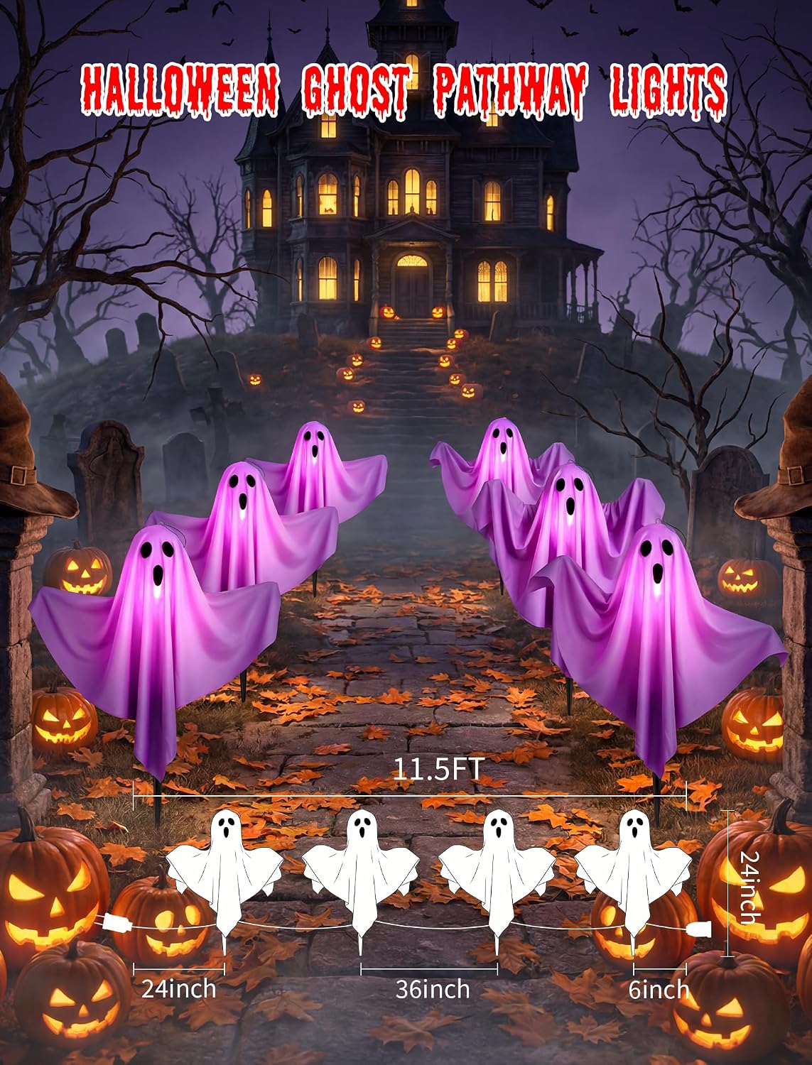 11.5FT Halloween Ghost Pathway Lights Outdoor, 4 Pack Purple Ghost Decor