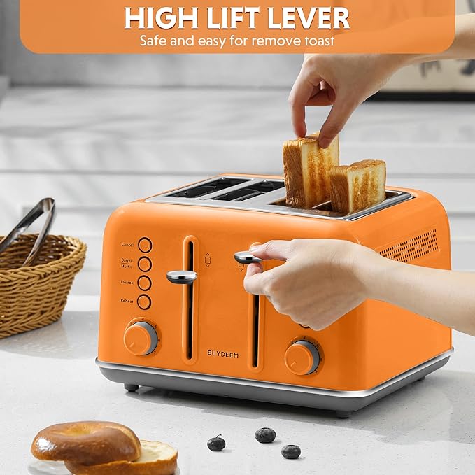 BUYDEEM DT640 4-Slice Toaster, Extra Wide Slots, Retro Stainless Steel - Image 4