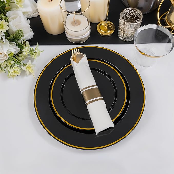 SUT 175 Pcs Black and Gold Plastic Dinnerware Set for 25 Guests, Include: 25 ...