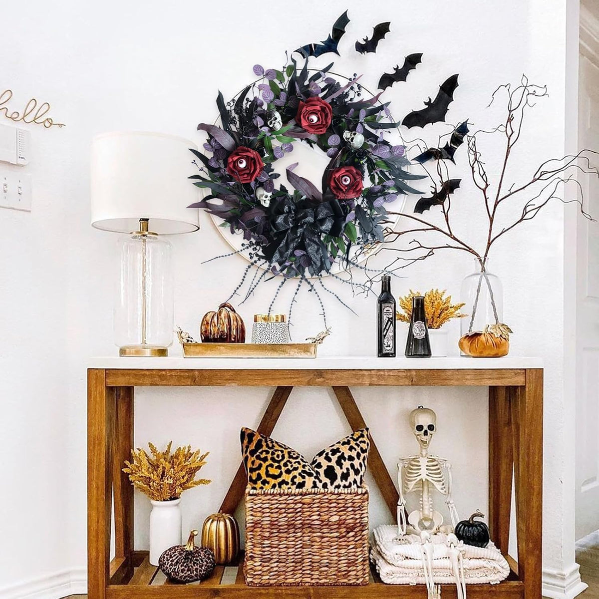 22 Inch Halloween Wreath with Black Roses Skeleton and Eye Balls for Front Do...