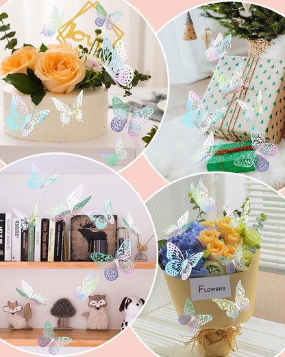 72Pcs 3D Butterfly Wall Decor, Laser Butterfly Decorations, 4 Styles 3 Sizes Removable Butterflies Room Decor Butterflies Wall Stickers for Birthday Party Garden Tea Cake Flower Decorations
