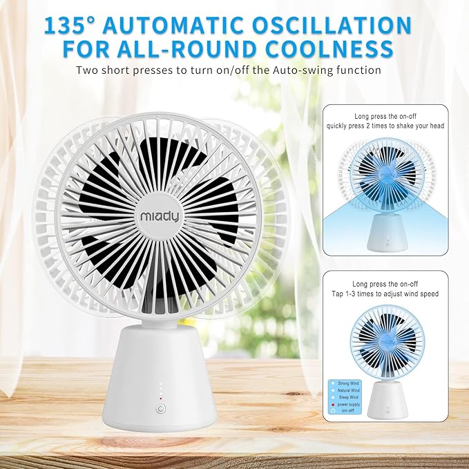 Miady USB Desk Fan, Upgraded 5000mAh Portable Desktop Fan 135°Auto-Oscillating - Image 3