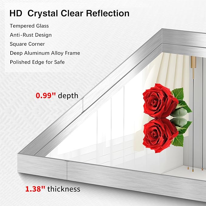 Silver Bathroom Mirror, 72x30 Inch Rectangular Deep Frame Mirror, Large Wall - Image 4