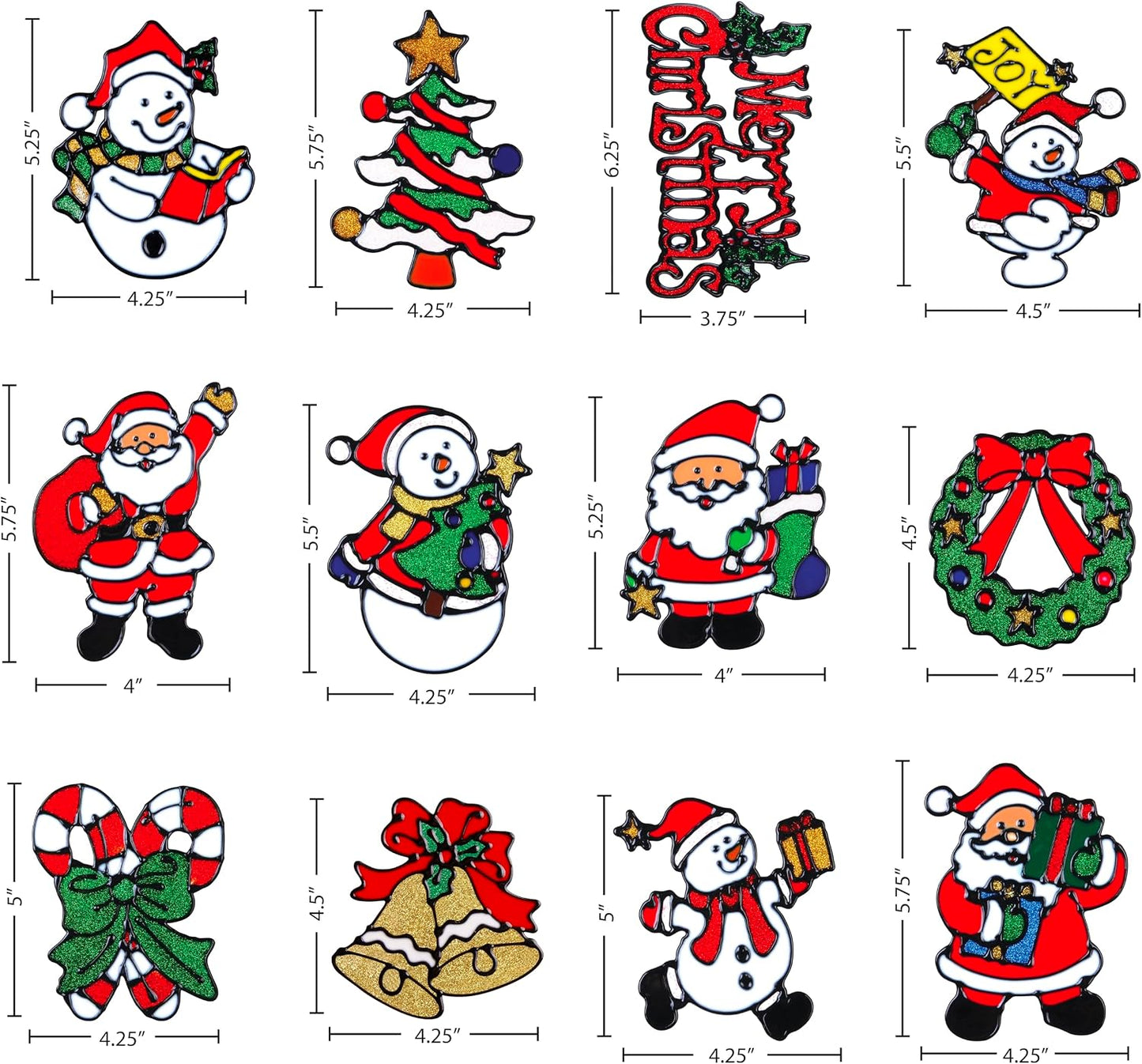 12 Pack Christmas Window Clings Stickers for Glass - Xmas Decor Vinyl Decal | Winter Holiday Decor Vinyl Decals for Kids - Reusable Santa Claus, Snowman, Mirror, Wall & Door Stickers for Indoor & Outdoor