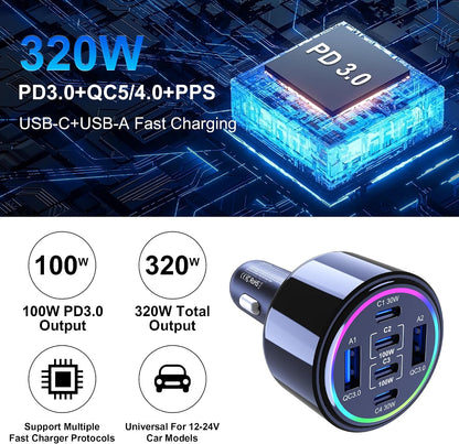 320w usb c car charger, 6 ports type on a desk or shelf