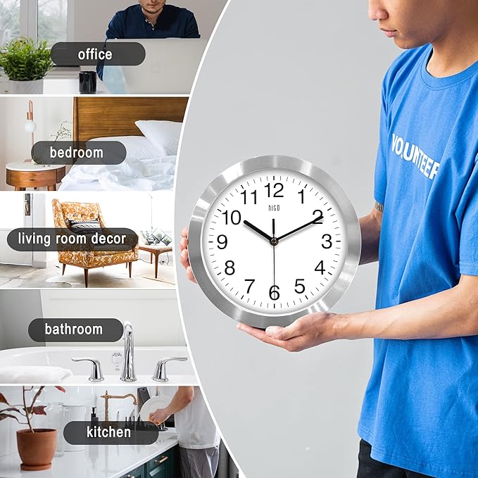 HITO 10 Inch Silent Wall Clock Battery Operated Non Ticking Glass Cover Silver - Image 5