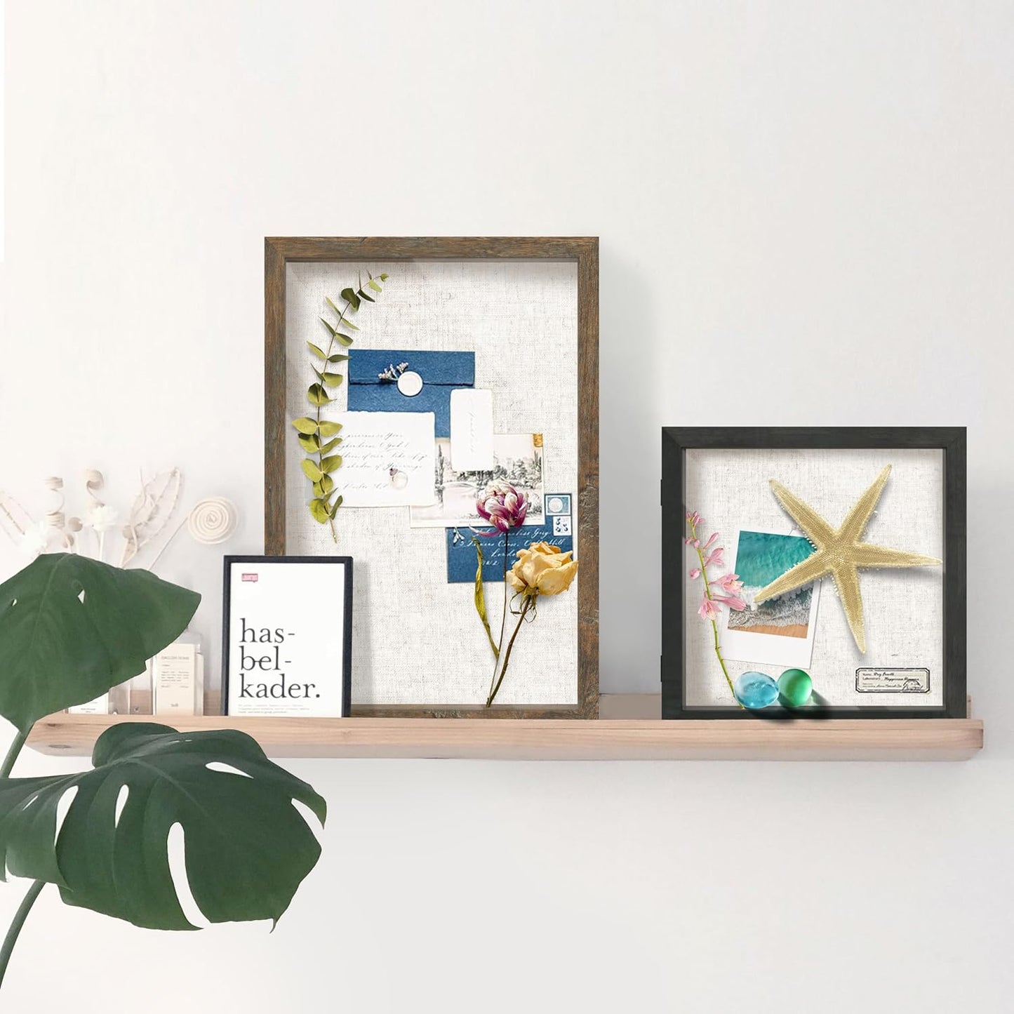 FrameWorks 12x18 Deep Shadow Box Frame, Wooden Display Case w. Linen Board & Tempered Glass Door - Brown Woodgrain - Large - Wall Mounted