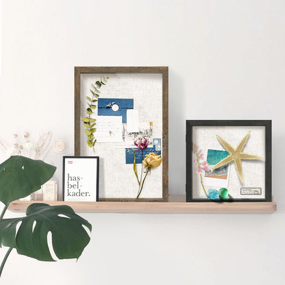 FrameWorks 12x18 Deep Shadow Box Frame, Wooden Display Case w. Linen Board & Tempered Glass Door - Brown Woodgrain - Large - Wall Mounted