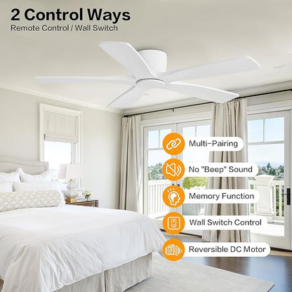 WINGBO 48" Flush Mount DC Ceiling Fans Without Lights, 5 Carved Solid Wood - Image 2
