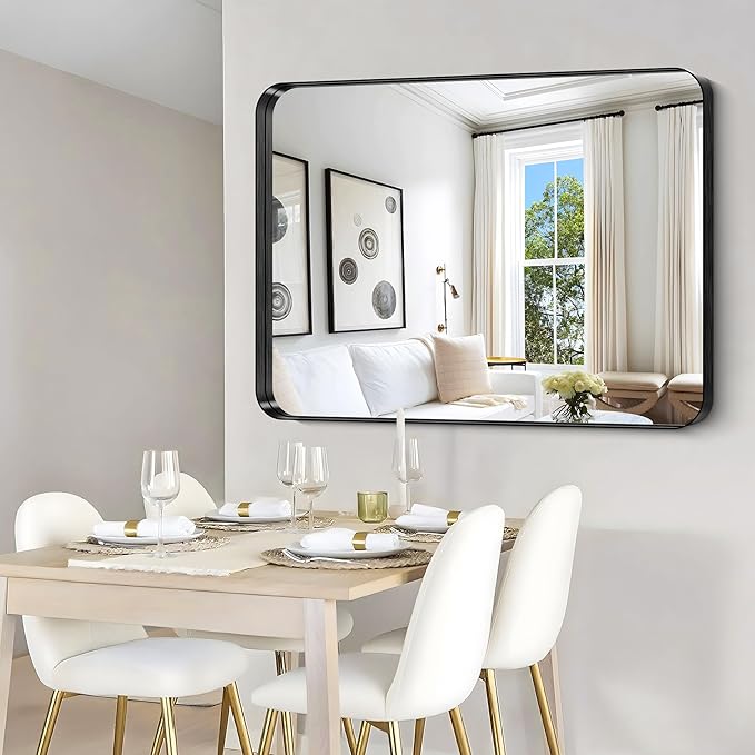 CIRCUMI Black Bathroom Mirror, Rounded Corner, Tempered Glass, Large Mirror - Image 6