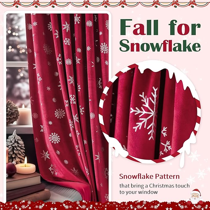 FMFUNCTEX Snowflake Red Christmas Velvet Blackout Curtains - Image 4