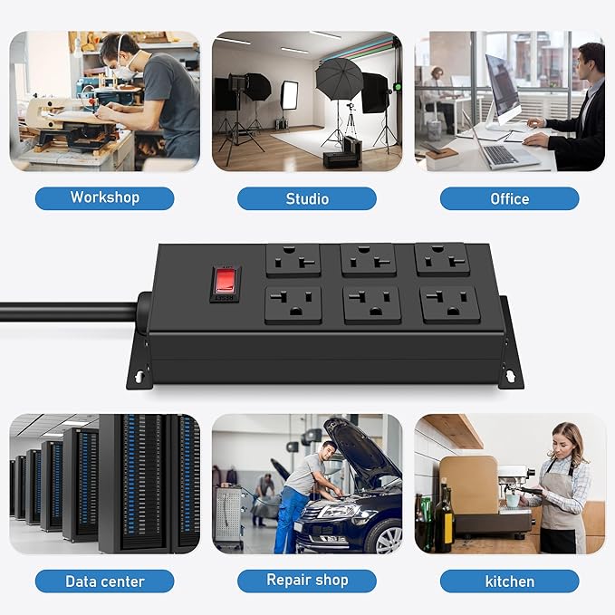 JUNNUJ Heavy Duty 20 Amp Power Strip, Garage 6 Outlets Metal 12 Gauge Surge - Image 7