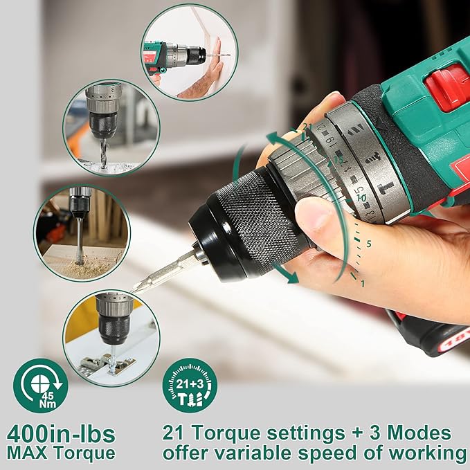 Cordless Hammer Drill Driver 18V, HYCHIKA 400 In-lbs Torque Power Drill - Image 4