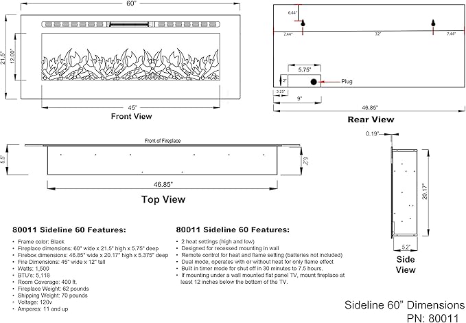 Touchstone Smart Electric Fireplace-The Sideline 60" Wide-in Wall Recessed - Image 8