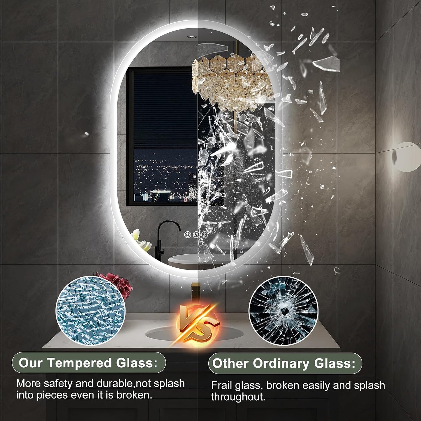 S'bagno 24x40 Oval LED Bathroom Mirror with Lights, Anti-Fog, Bluetooth Speaker, 3 Colors Temperature & Dimmable, Lighted Mirrors for Bathroom Wall with Memory Function, Waterproof, Shatter-Proof