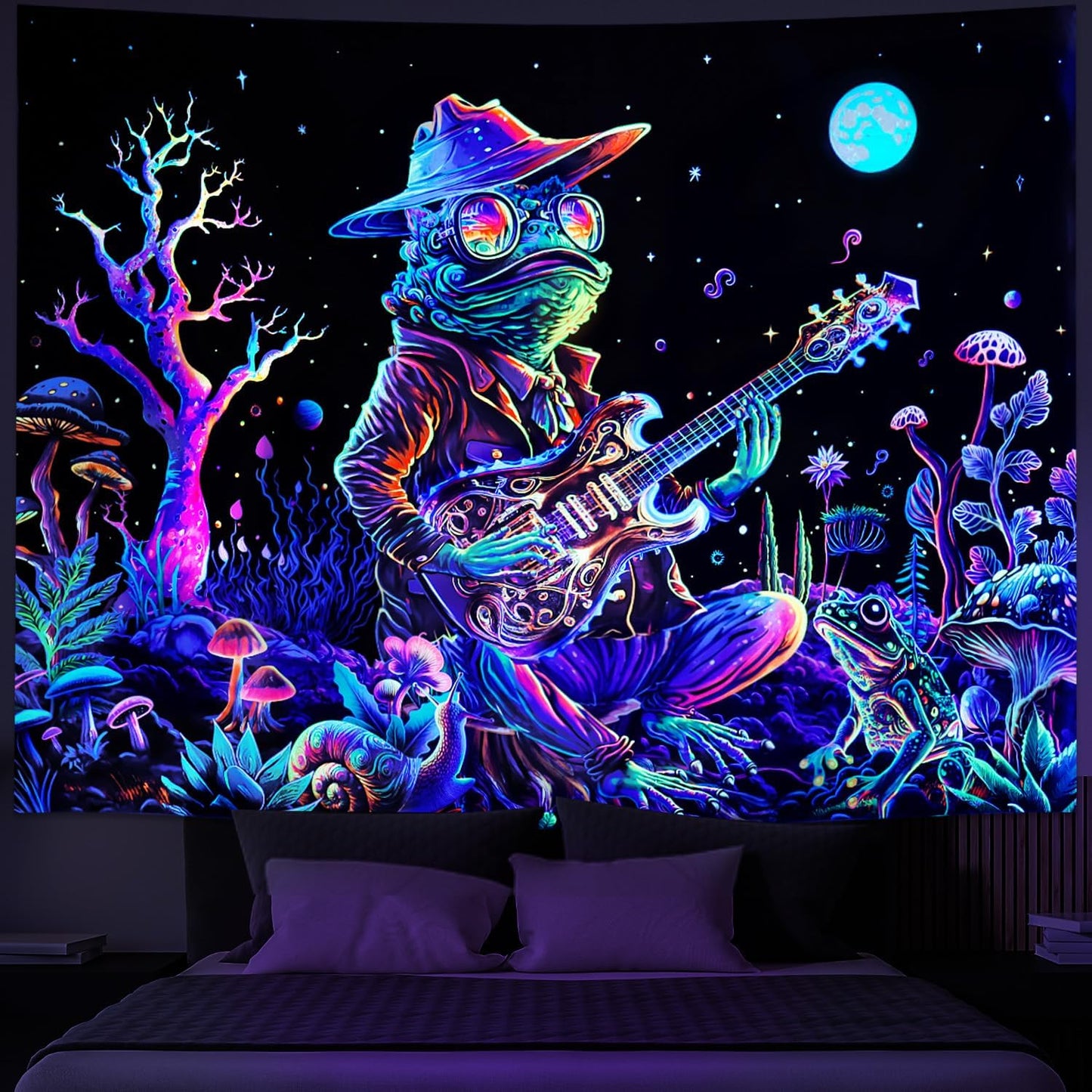 Galoker Blacklight Frog Tapestry Fantasy Neon Mushroom Tapestries UV Reactive Plant Floral Wall Tapestry Galaxy Space Tapestries Wall Hanging for Home Decor(H51.2×W59.1 inches)