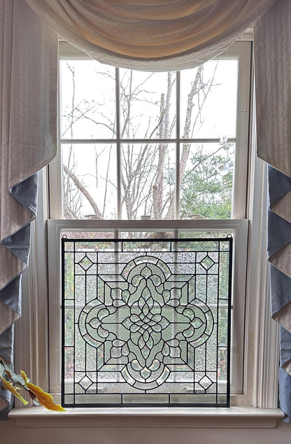 Stunning All Clear Stained Glass and Beveled Window Panel, 24"x 24"