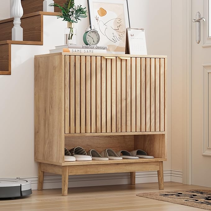 Shoe Cabinet with Slatted Doors, Freestanding Shoe Cabinet Storage by Morwdxef
