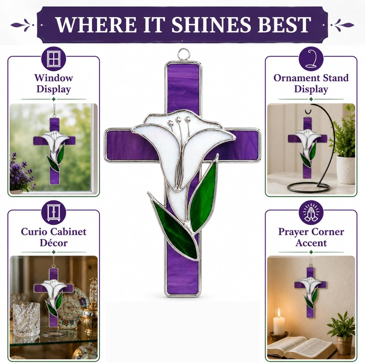SassyXpressions Stained Glass Cross with Lily – 9x5inch – Handcrafted Window Hanging Christian Cross – Decorative Home Décor, Prayer Room Ornament – Religious Keepsake, Faith-Inspired Christian Gift