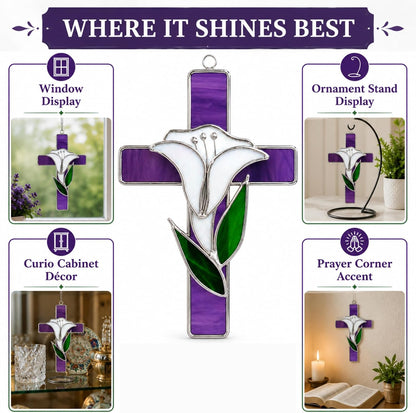 SassyXpressions Stained Glass Cross with Lily – 9x5inch – Handcrafted Window Hanging Christian Cross – Decorative Home Décor, Prayer Room Ornament – Religious Keepsake, Faith-Inspired Christian Gift