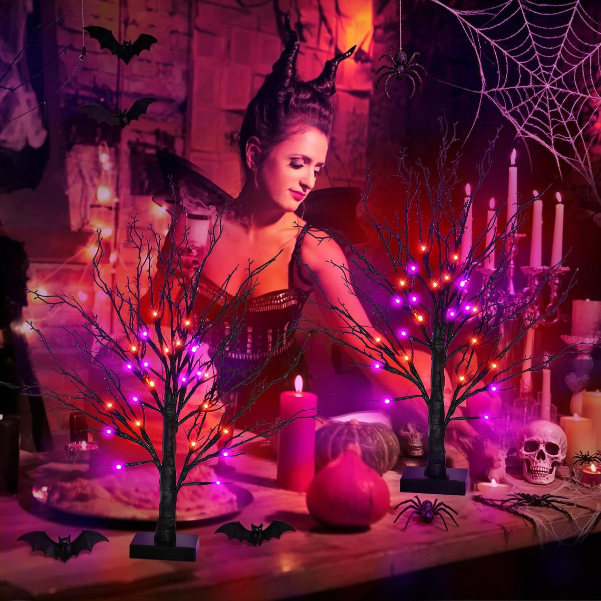 2 Pack 24 Inch Black Halloween Tree with 24 LED Orange Purple Lights, USB Bat...