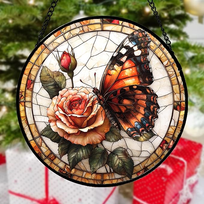 DASTOLL Stained Glass Window Hanging, Butterfly Picking Flowers Suncatcher - Image 3