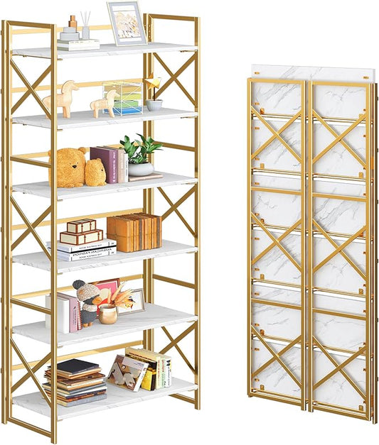 4NM 6 Tiers No Assembly Book Shelves, 61.8" H Folding Bookshelf Bookcase Open by 4NM