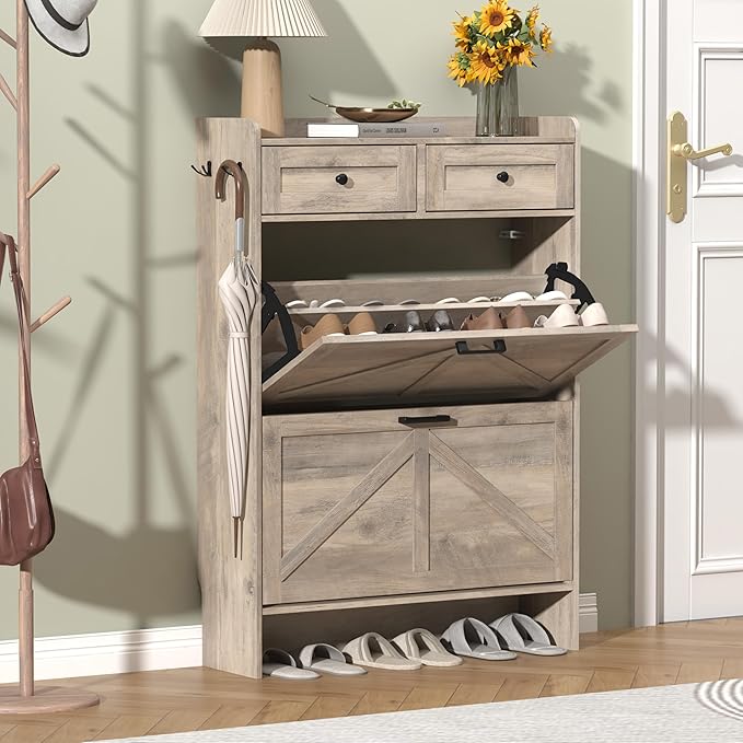 Shoe Cabinet with 2 Flip Drawers & 2 Storage Drawers, Rustic Farmhouse Narrow by Thacuok