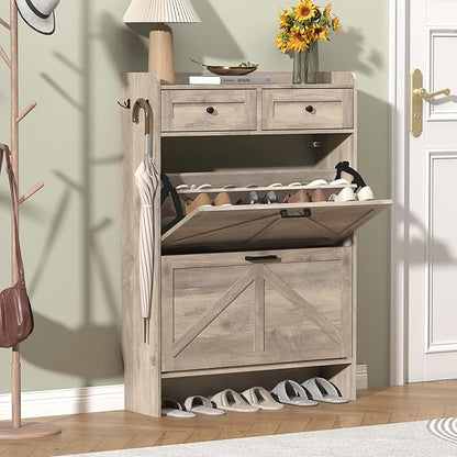Shoe Cabinet with 2 Flip Drawers & 2 Storage Drawers, Rustic Farmhouse Narrow by Thacuok