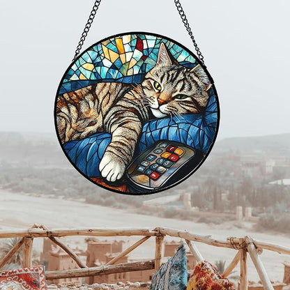 DASTOLL Stained Glass Window Hanging Gray Cat and Remote Control Large 11.8" - Image 5