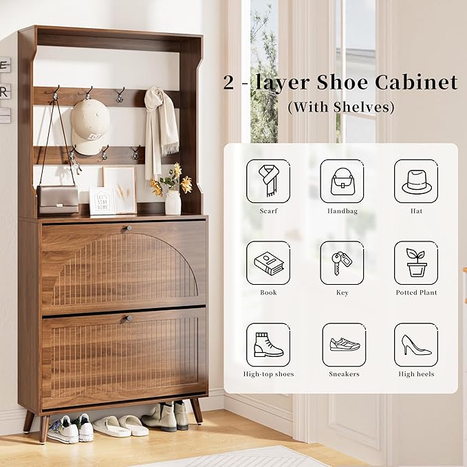 Shoe Cabinet for Entryway with 2 Flip Drawers & Coat Rack, Narrow Hidden Shoe - Image 6
