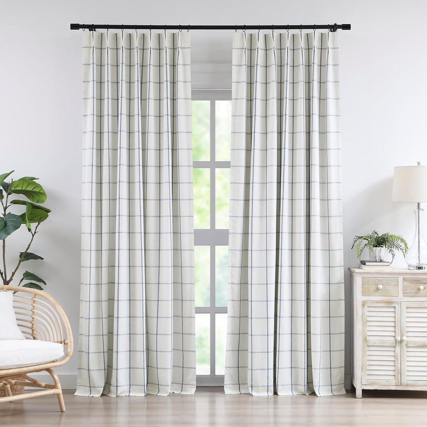 Vision Home Blue Plaid Linen Pinch Pleated Full Blackout Curtains Checkered Thermal Insulated Window Panels 90 inch for Bedroom Living Room Darkening Rustic Pinch Pleat Drapes with Hooks 40" Wx90 Lx2
