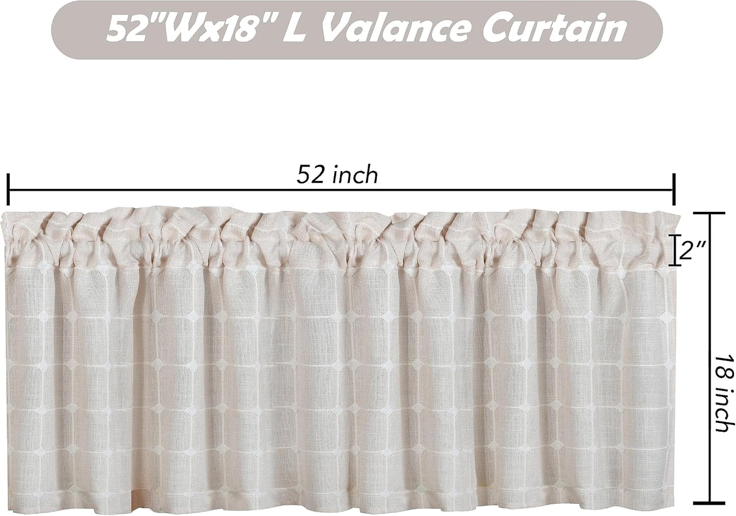 2 Pack Faux Linen Valance for Windows Light Filtering Plaid Curtain Valances Kitchen Living Room Rod Pocket Farmhouse Country Rustic Bathroom Small Window Treatment (52x18 inch, Light Beige)