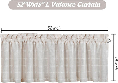 2 Pack Faux Linen Valance for Windows Light Filtering Plaid Curtain Valances Kitchen Living Room Rod Pocket Farmhouse Country Rustic Bathroom Small Window Treatment (52x18 inch, Light Beige)