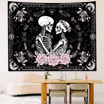 KJHL Black and Pink Gothic Witchy Skull Tapestry 44ʺ x 60ʺ Floral Constellation Skeleton Aesthetic Tapestries Wall Hanging for Bedroom Dorm