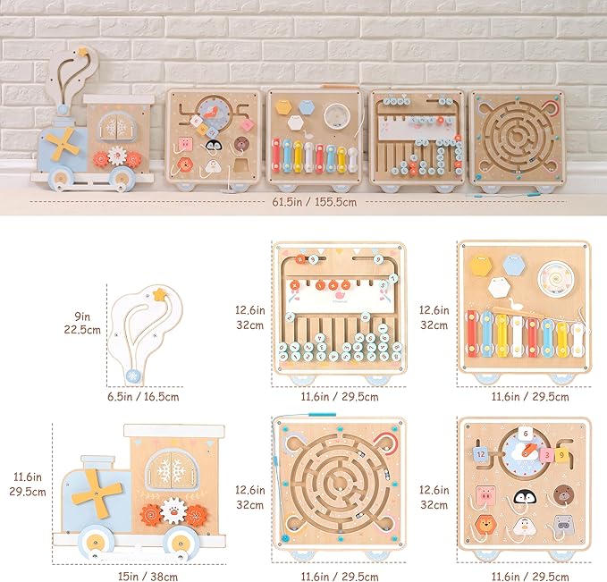 Train Activity Wall Busy Board, Wooden Montessori Sensory Toys, 12-in-1 - Image 6