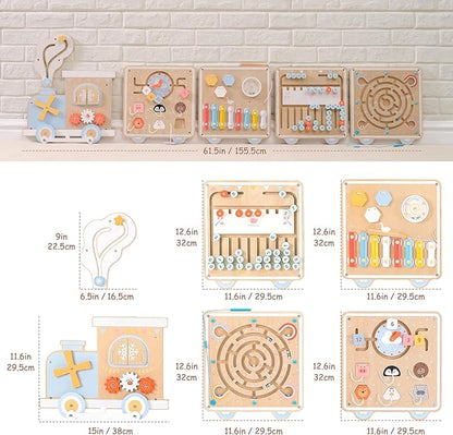 Train Activity Wall Busy Board, Wooden Montessori Sensory Toys, 12-in-1 - Image 6