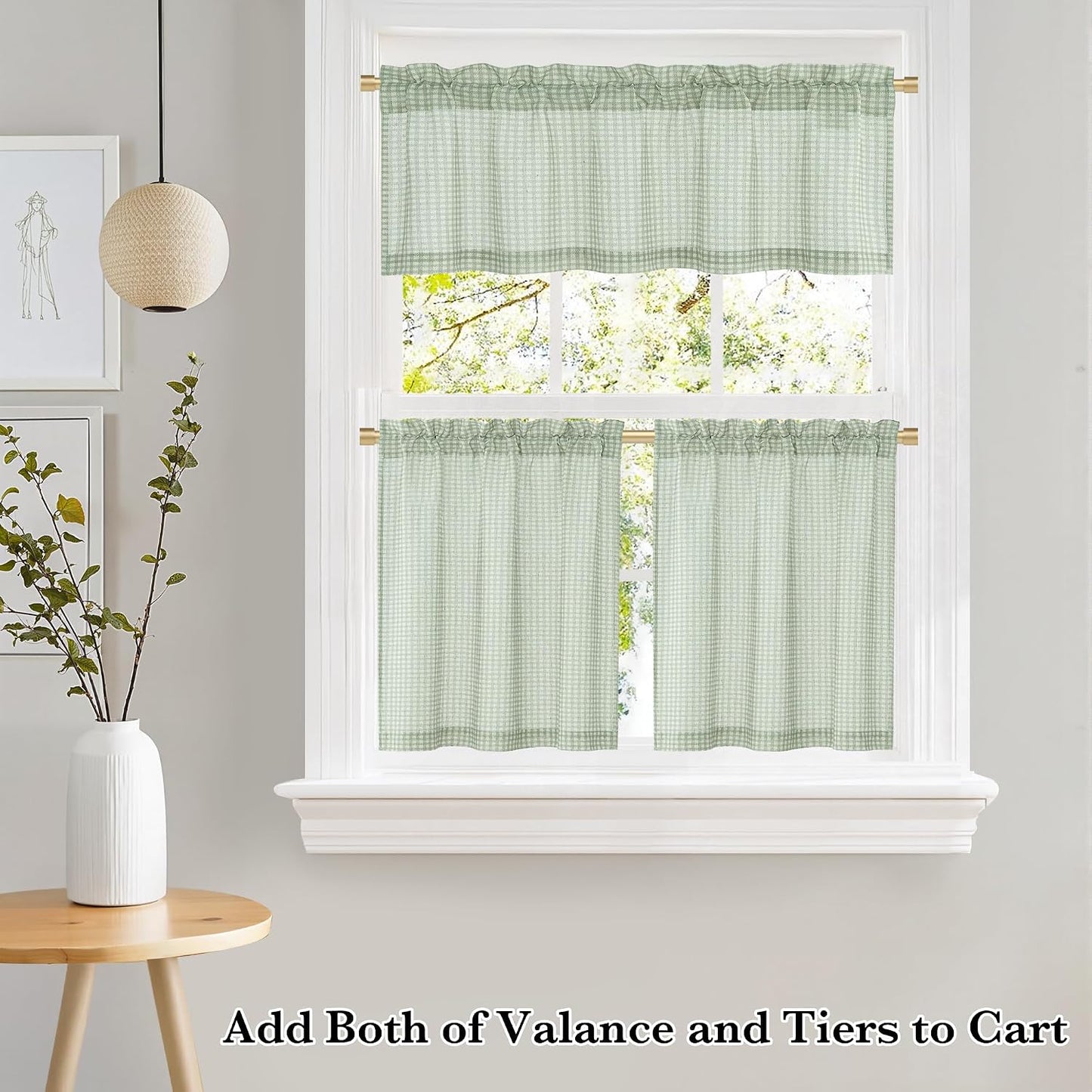 NICETOWN Sage Green Rustic Gingham Valance for Windows, 42" x 18", 1 Panel | Farmhouse Living Room Kitchen Room Bedroom Valances Rod Pocket Window Treatment
