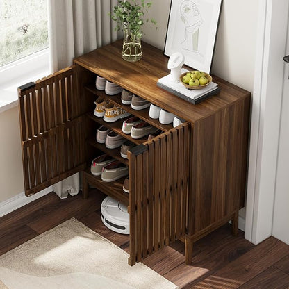 Shoe Storage Cabinet with Ventilated Slatted Doors, Wooden Shoe Organizer - Image 7