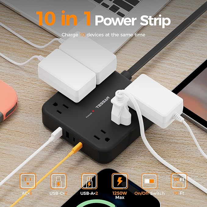 TESSAN 10Ft Black Extension Cord - Image 2