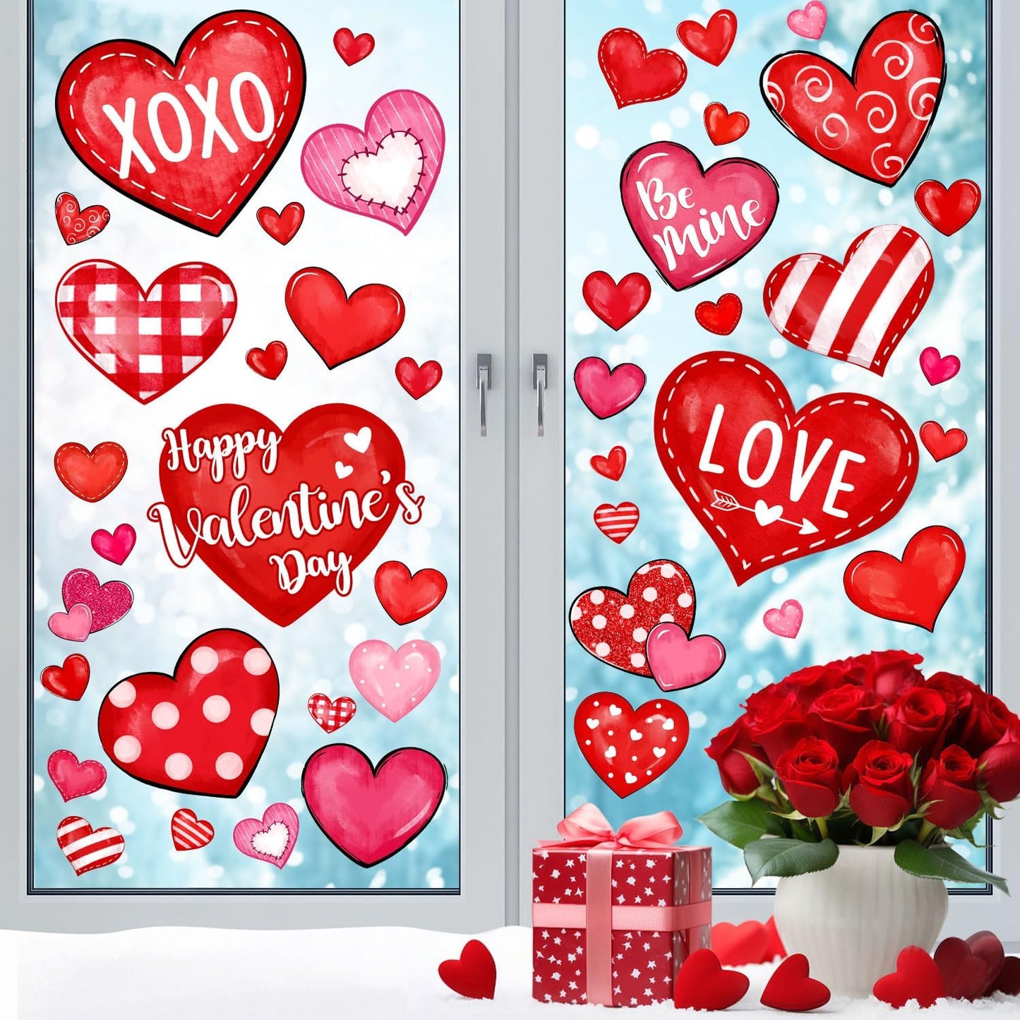 Valentine's Day Window Clings Love Hearts, 76 Pcs Pink Red Heart Large Window Stickers, Happy Valentines Watercolor Double-Sided Glass Decals Decor for Wedding Anniversary Home Party Decorations