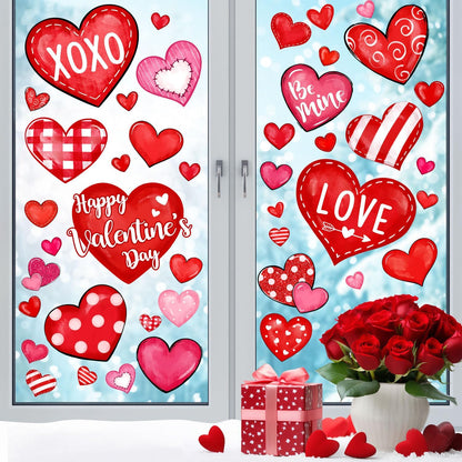 Valentine's Day Window Clings Love Hearts, 76 Pcs Pink Red Heart Large Window Stickers, Happy Valentines Watercolor Double-Sided Glass Decals Decor for Wedding Anniversary Home Party Decorations