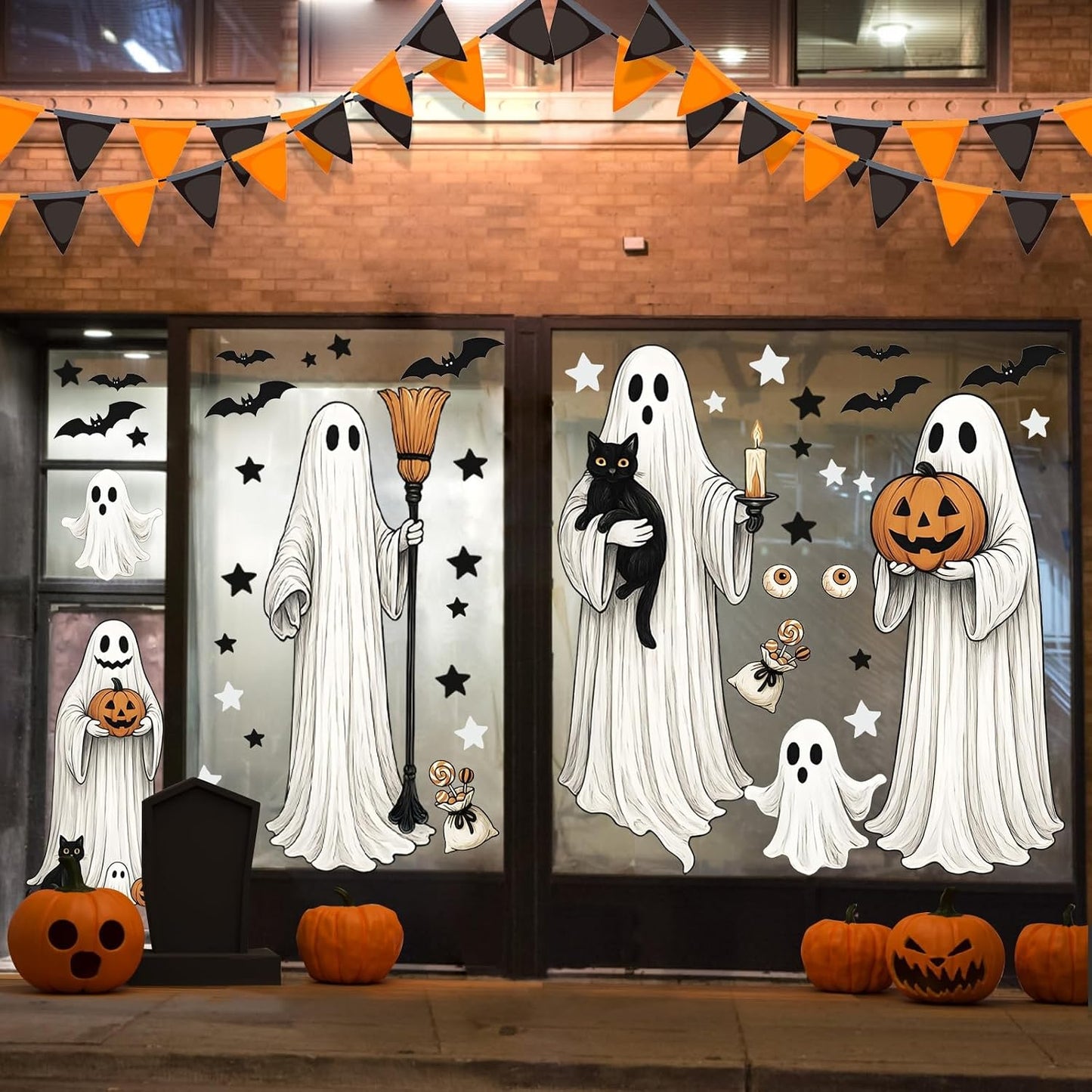 AhfuLife Large Halloween Ghost Window Clings Decorations, 12.6 x 35.4 inc, 4 Sheets Big Spooky Ghost Window Stickers Double Side Reusable Decals for Halloween Home Party Indoor Decorations