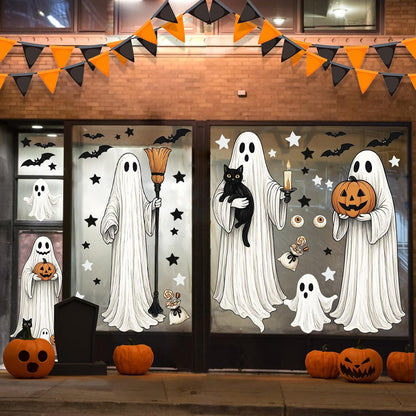 AhfuLife Large Halloween Ghost Window Clings Decorations, 12.6 x 35.4 inc, 4 Sheets Big Spooky Ghost Window Stickers Double Side Reusable Decals for Halloween Home Party Indoor Decorations