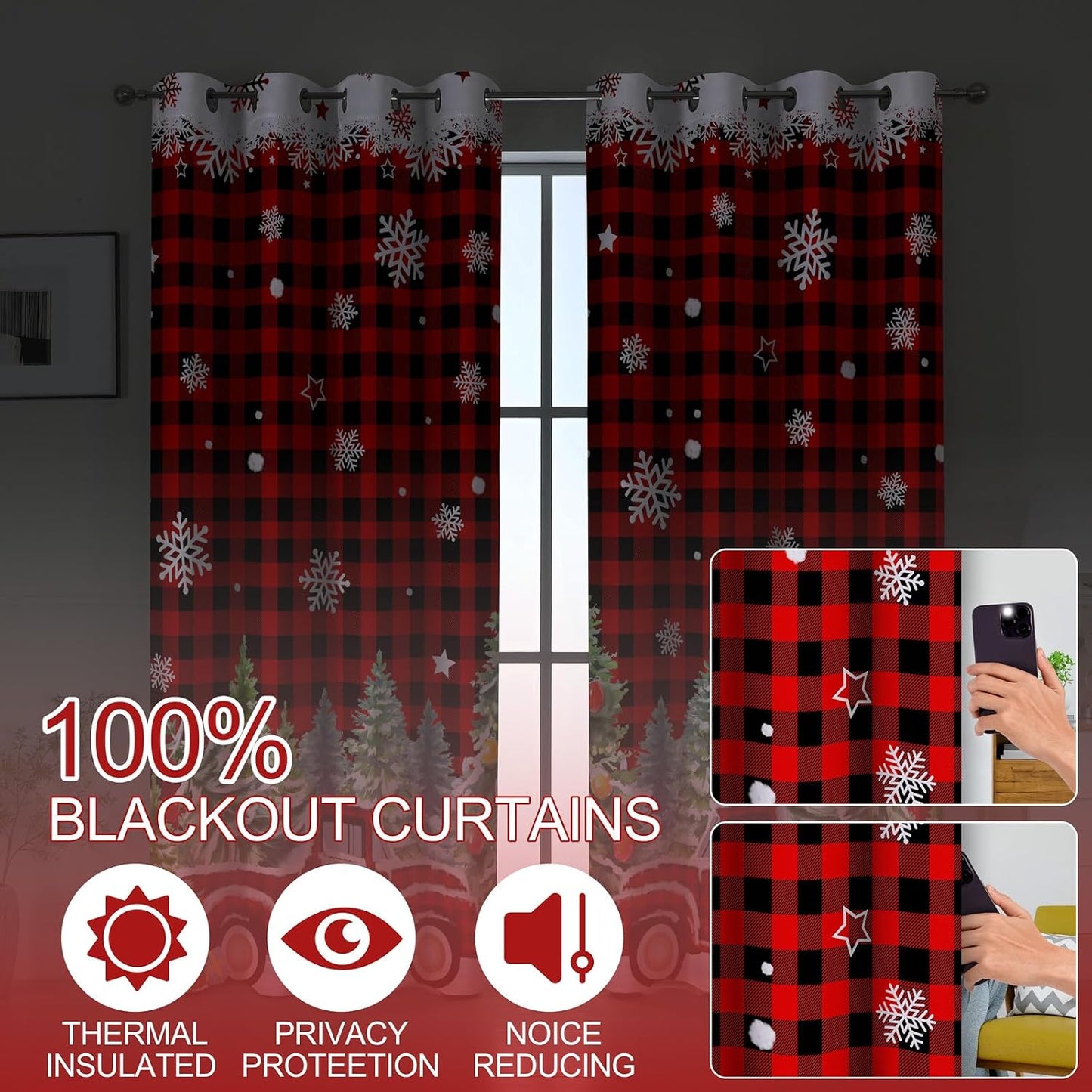 Christmas Curtains 84 Inches Long, Red Plaid Truck Living Room Curtains Room Darkening, Xmas Decor for Home, Noise Reduce Winter Drapes with Grommet for Bedroom, Bathroom, 2 Panels