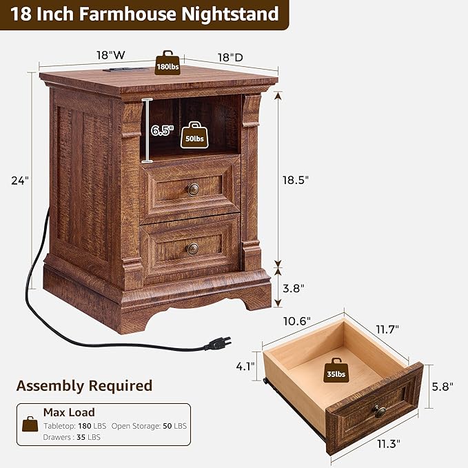 T4TREAM Farmhouse Nightstand Set of 2, Wooden End Table w/Roman Column - Image 3