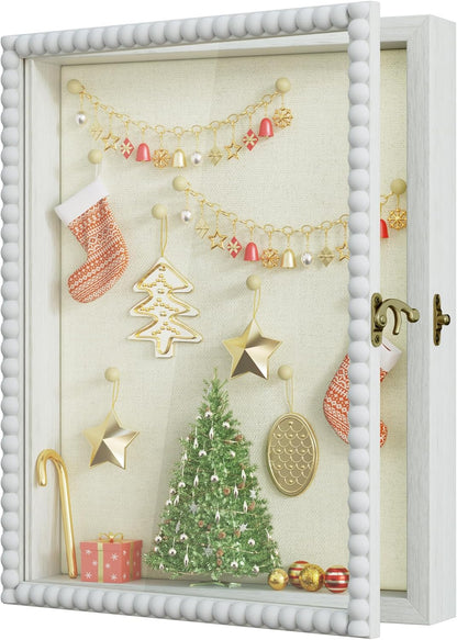 Love-KANKEI Deep Shadow Box Frame 11x14,Unique Solid Wood Beads Frame,White | Front-Opening Glass Door，Metal Latch-Lock,Assembly-Free,Tabletop & Wall-Mount,Memory Box,Gift,Display Photos,Awards,Medals