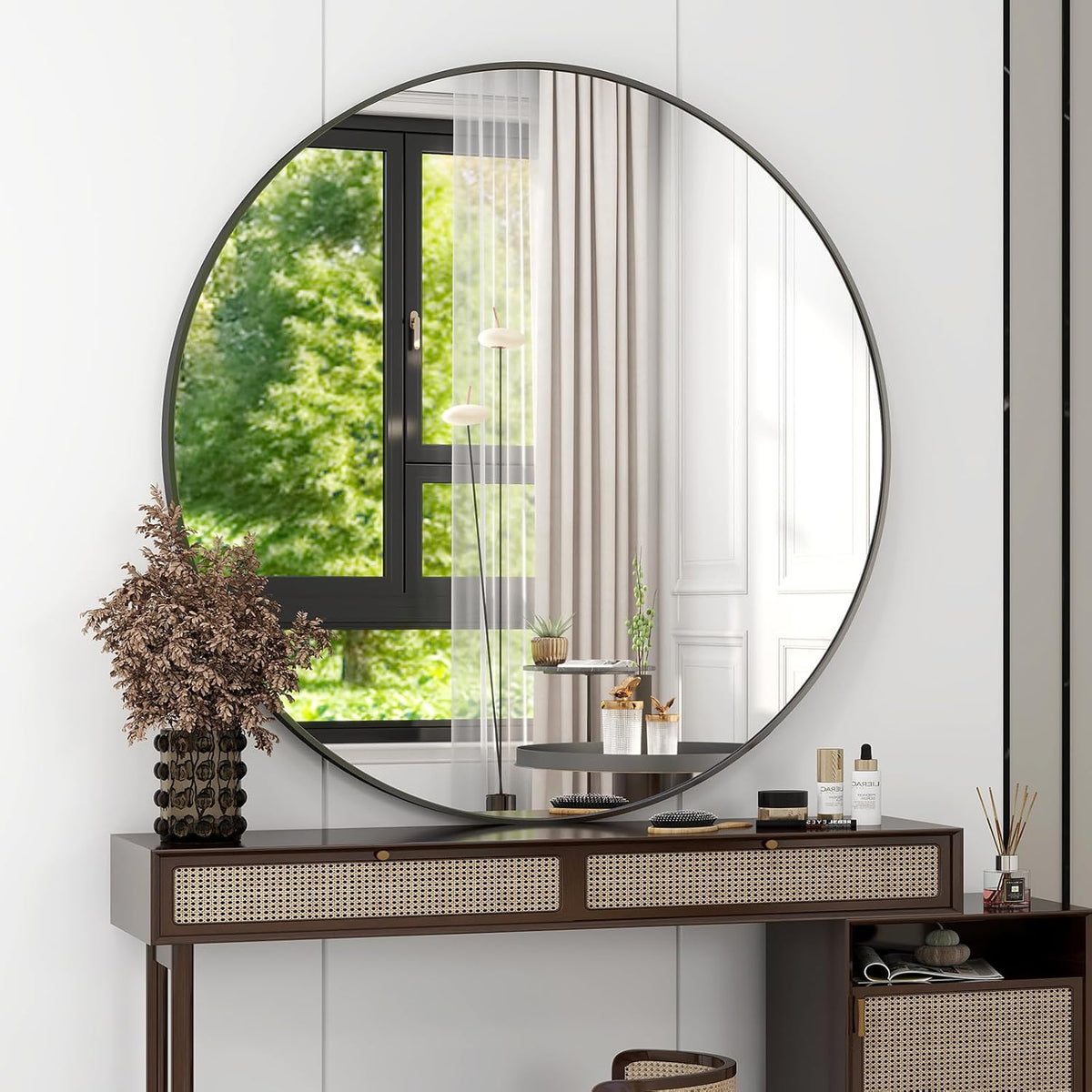42 Inch Round Bathroom Mirror - Black Wall Mounted Circle Mirror with Metal Frame, Modern Round Hanging Mirror Suitable for Bathroom, Vanity, Entryway, Living Room