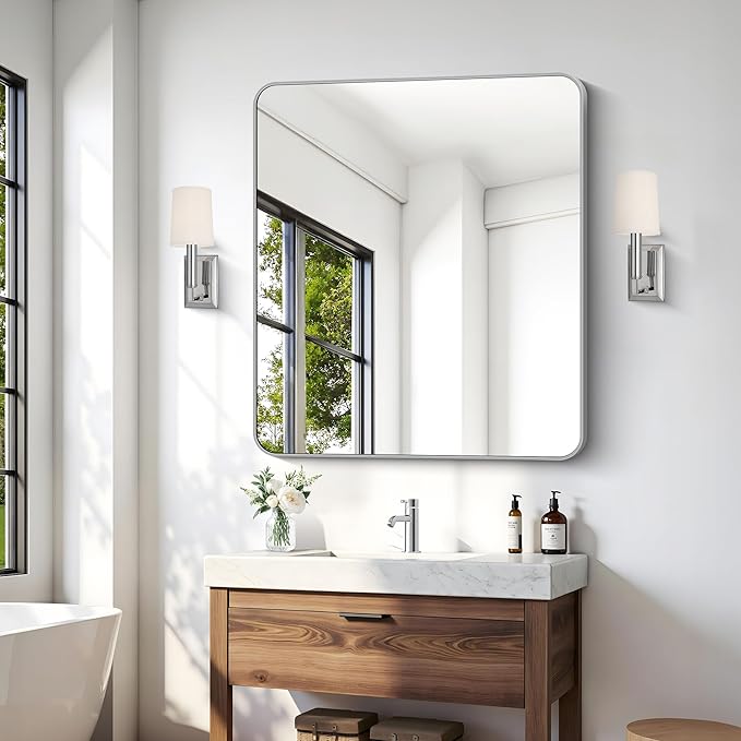 36x40 Inch Silver Bathroom Mirror, Metal Framed Silver Rectangle Mirrors - Image 5