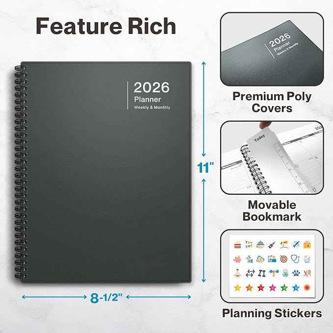 Dunwell 2026 Planner Book 8.5x11, Weekly Monthly Calendar, Jan to Dec, Large - Image 3